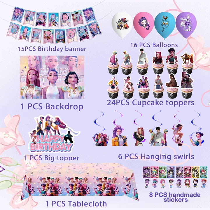 Комплект декорации за парти с тема K-POP Demon Hunters, включва банери, фонове, балони, висящи спирали, покривки за маса, топери за кексчета и стикери с K-pop тема за момчета и момичета