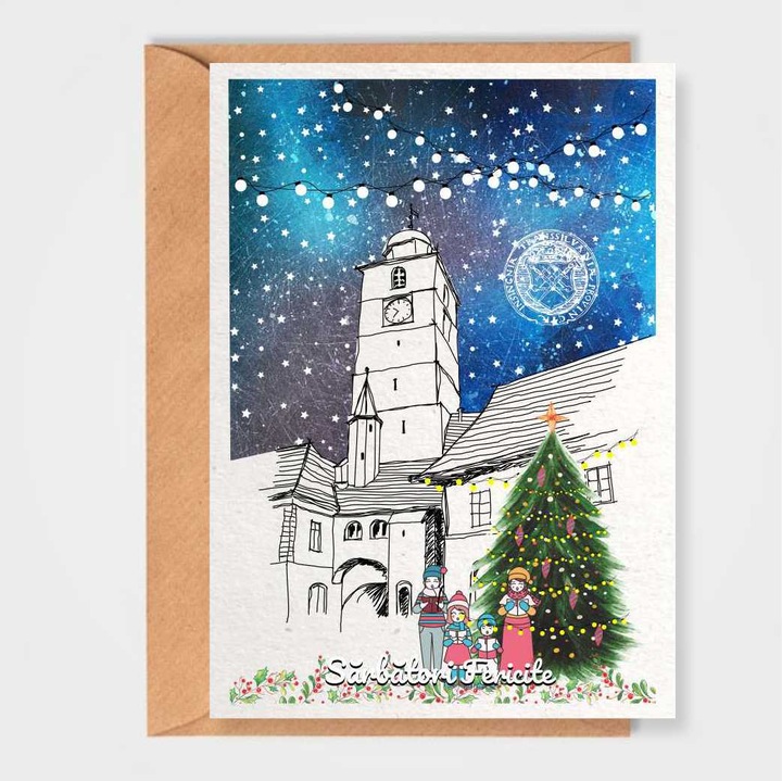 Felicitare de Craciun, Anais, Model Sibiu Turnul Sfatului, Ilustrata, 105x148mm