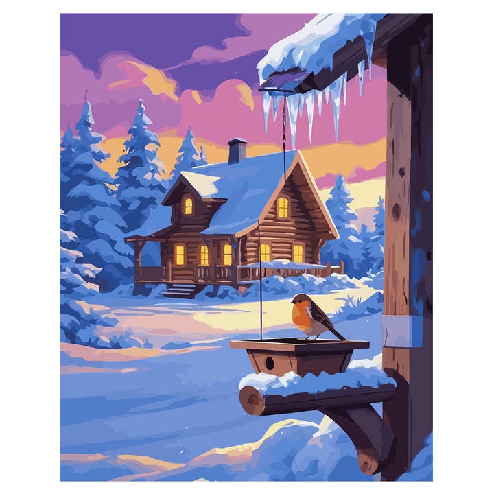 Set pictura pe numere Peisaj de iarna 6235, panza bumbac pe rama lemn, 40x50 cm, tablou cu schita, 3 pensule si vopsea acrilica