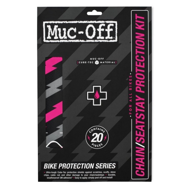 Set 20 autocolante protectie cadru bicicleta Muc-Off, transparent, rezistent la pete, dimensiuni 10x40mm
