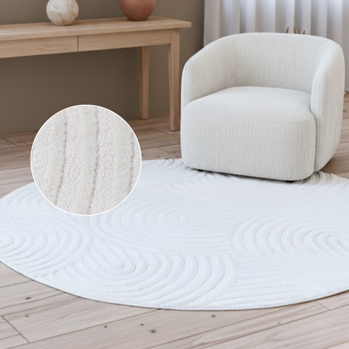 Covor, Tapiso, Hygge Round, 160 x 160 cm, Crem, Inaltime Fir 9 mm, OEKO-TEX, Pentru Living, Dormitor, Rezistent La UV, Rezistent La Pete, Lavabil, Usor de curatat, Rezistent La Intemperii, Impermeabil