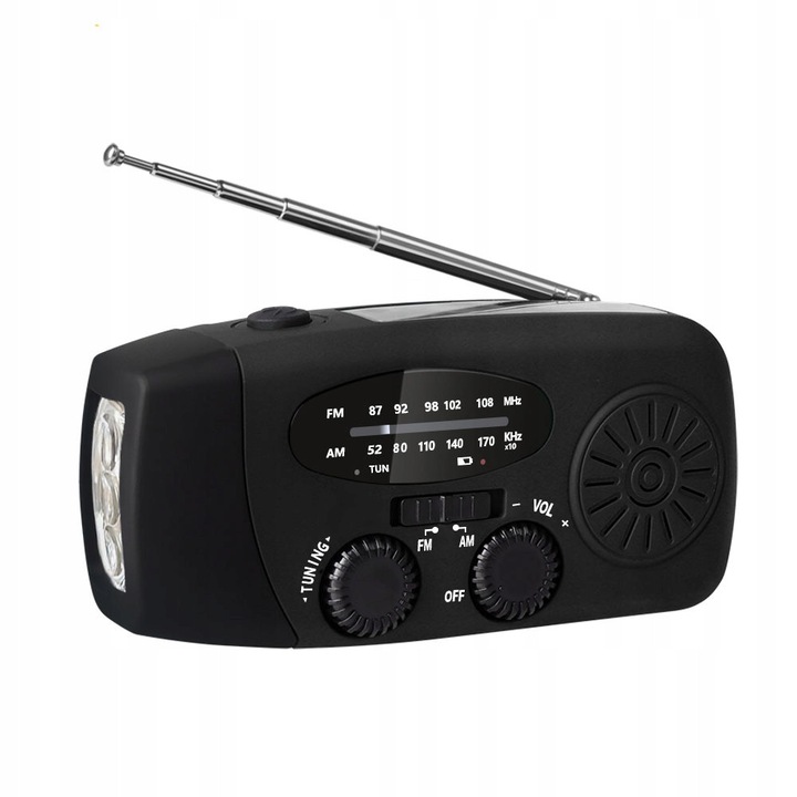 Radio de urgenta AM/FM/NOAA cu lanterna LED, powerbank 2000 mAh, alarma SOS, dimensiuni 130x60x45mm, culoare neagra, set complet