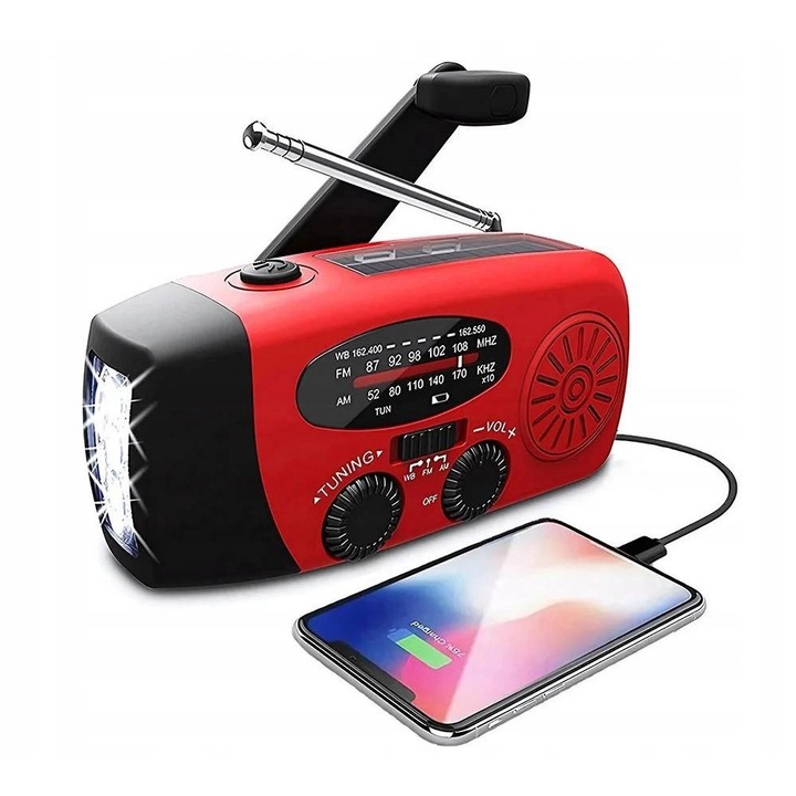 Radio de urgenta, AM/FM/NOAA, cu lanterna LED, powerbank 2000 mAh, alarma SOS, rosu, 130x60x45 mm