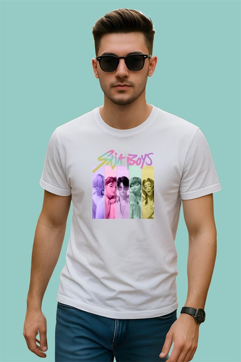 Tricou Huntrix K-Pop Hunters Demon Colaj Saja Boys Pastel Vertical, Barbat, 100% Bumbac, Cri-Flo, Culoare Alb, Marime XL