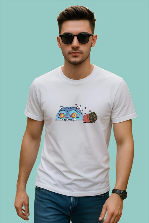 Tricou Huntrix K-Pop Hunters Demon Mascota Albastra Cu Inimioare, Barbat, 100% Bumbac, Cri-Flo, Culoare Alb, Marime S