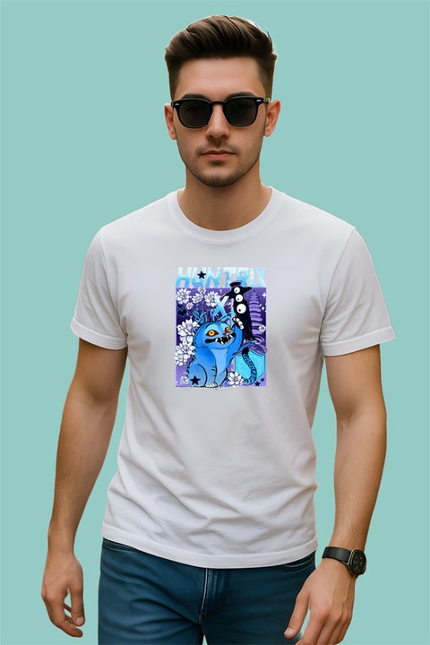 Tricou Huntrix K-Pop Hunters Demon Mascota Albastra Mister Nocturn, Barbat, 100% Bumbac, Cri-Flo, Culoare Alb, Marime S