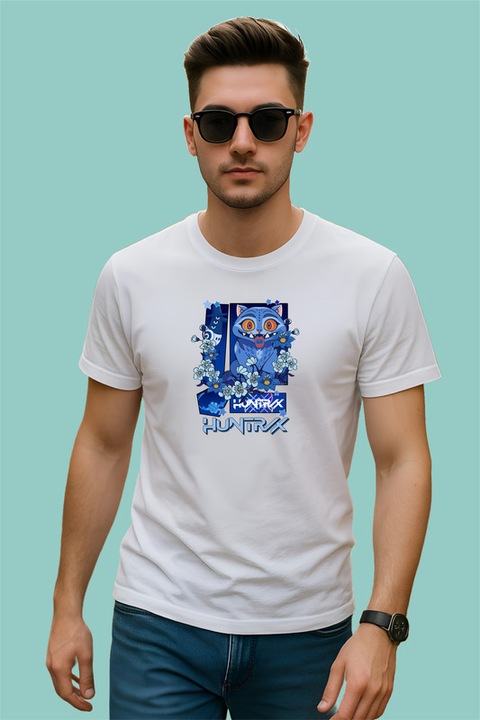 Tricou Huntrix K-Pop Hunters Demon Mascota Albastra Cu Logo Oficial, Barbat, 100% Bumbac, Cri-Flo, Culoare Alb, Marime S