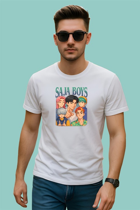 Tricou Huntrix K-Pop Hunters Demon Portret Saja Boys In Stil Realist, Barbat, 100% Bumbac, Cri-Flo, Culoare Alb, Marime XL