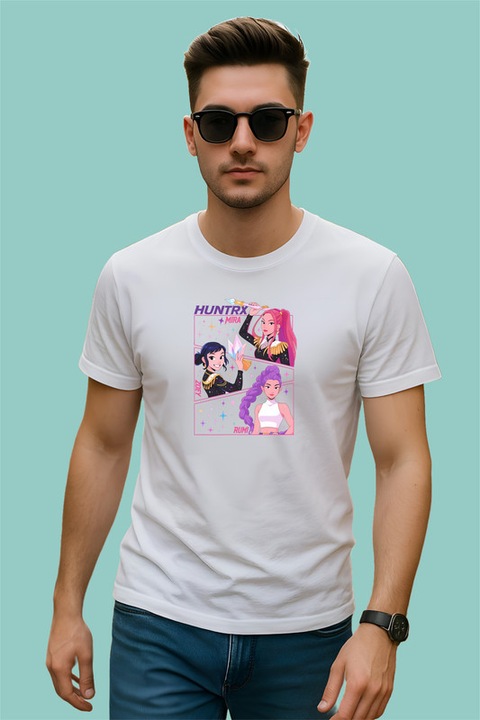 Tricou Barbat K-Pop Hunters Demon Huntrix Card Vertical Cu Rumi Mira Zoey, Alb