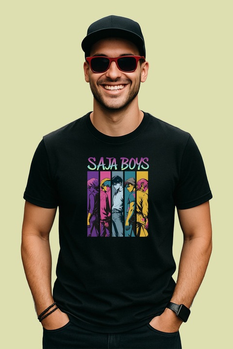 Tricou Barbat Huntrix K-Pop Hunters Demon Saja Boys Afis Retro Colorat, Negru