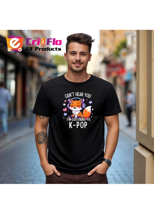 Tricou Barbat Huntrix K-Pop Hunters Demon Vulpe Cu Casti Vibe Muzical, Negru