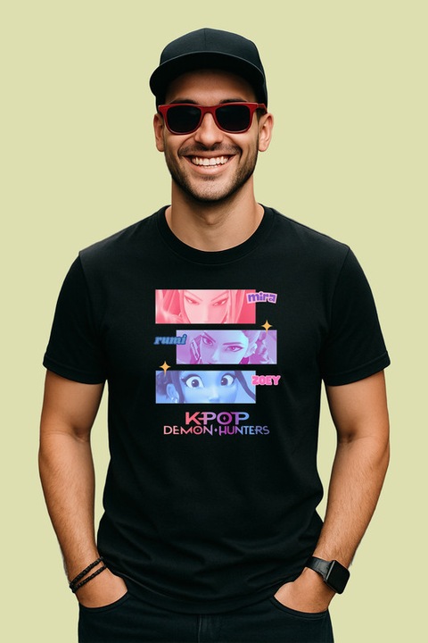 Tricou Barbat K-Pop Hunters Demon Huntrix Coperta Principala Serie, Negru