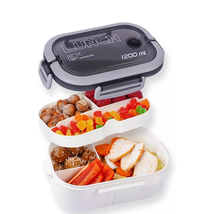 Caserola compartimentata pentru alimente si mancare NEXTLY, 6 compartimente, 2 niveluri, 1200ml, compacta si portabila, non toxic, alb