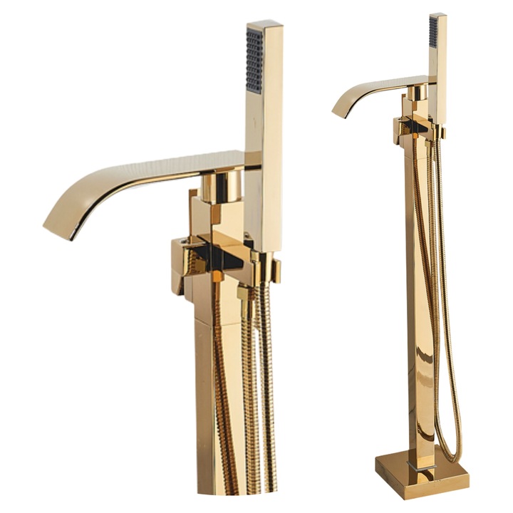 Baterie cada freestanding Ari, pipa rotativa, set dus, Alama, Auriu Lucios