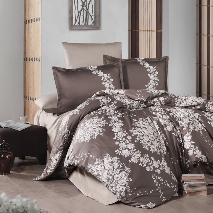 Lenjerie pat DELUXE SATIN 100% BUMBAC, NufJoy®, 4 piese, King Size, cearceaf pat 240x260 cm, husa pilota 200x220 cm, 2 fete perne 50x70 cm, ambalat in Cutie Cadou, Melrose-V1