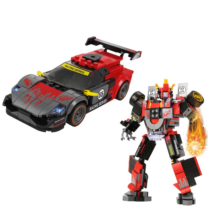 Set de construcție mașină sport și robot de luptă transformabil, roșu, 456 piese