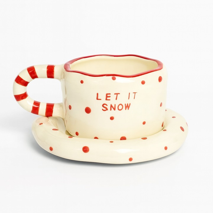 Set Cana si Farfurioara Ceramica, Buline Rosii, Pictata Manual, 15.5x6.5cm, Design Festiv Craciun