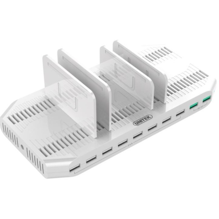 Unitek 10x USB töltőállomás, 96W, QC 3.0, Fehér