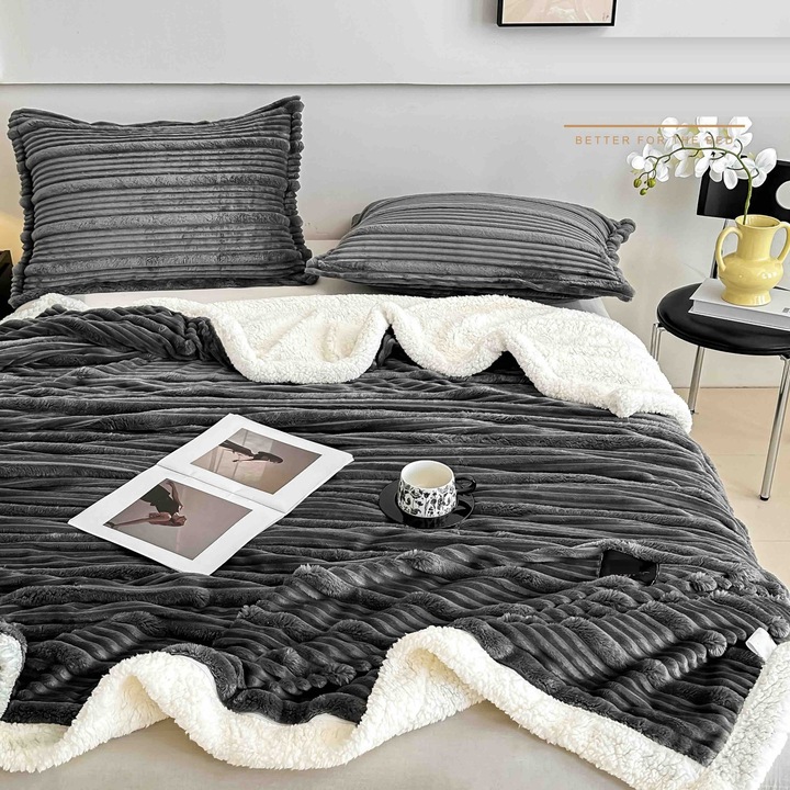 Set patură cocolino, CHIRASO, Cu fermoar, Blanita interioară, Gri inchis, 200x230cm + 2 Fete de pernă 50x70cm