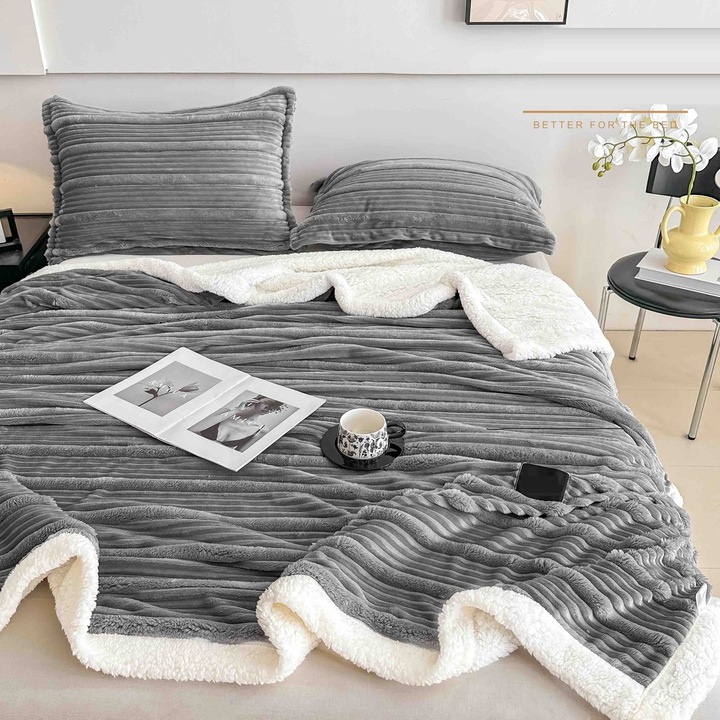 Set Patura Cocolino CHIRASO cu Fermoar si Blanita, gri, 200x230cm, 2 Fete Perna 50x70cm