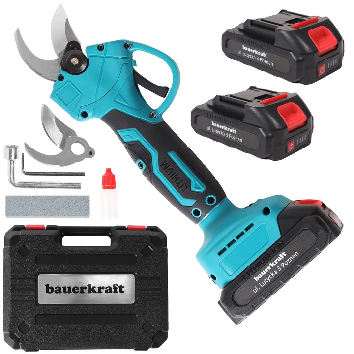 Електрически ножици за градина Bauerkraft, 2 батерии, черно-червено, 32 см, пълен комплект