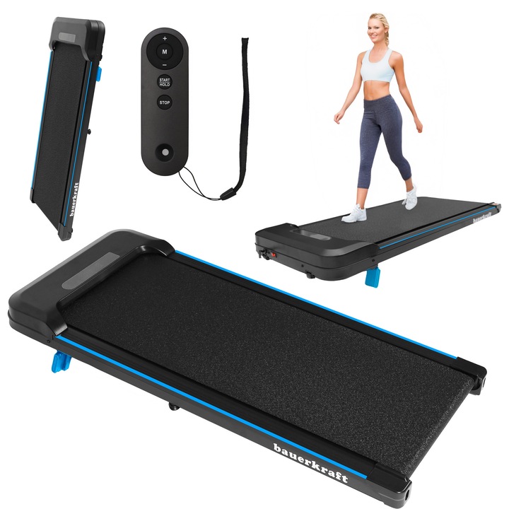 Електрическа бягаща пътека за закрито Bauerkraft, 1-6 км/ч, черна със сини елементи, 15x110x46 см, пълен комплект