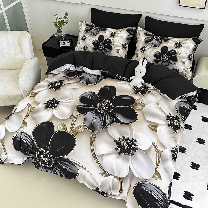 Gumírozott ágyneműhuzat, 6 részes, 2 személyes, 5D, 180x200 cm, Jojo home, különleges virágmintával