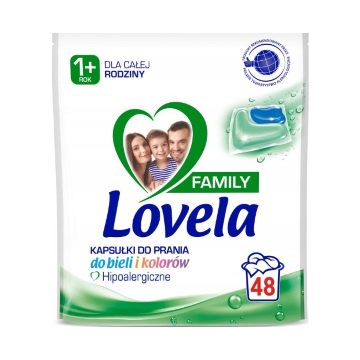 Lovela Family univerzális mosókapszula, 48 db, hipoallergén, fehér és színes ruhákhoz