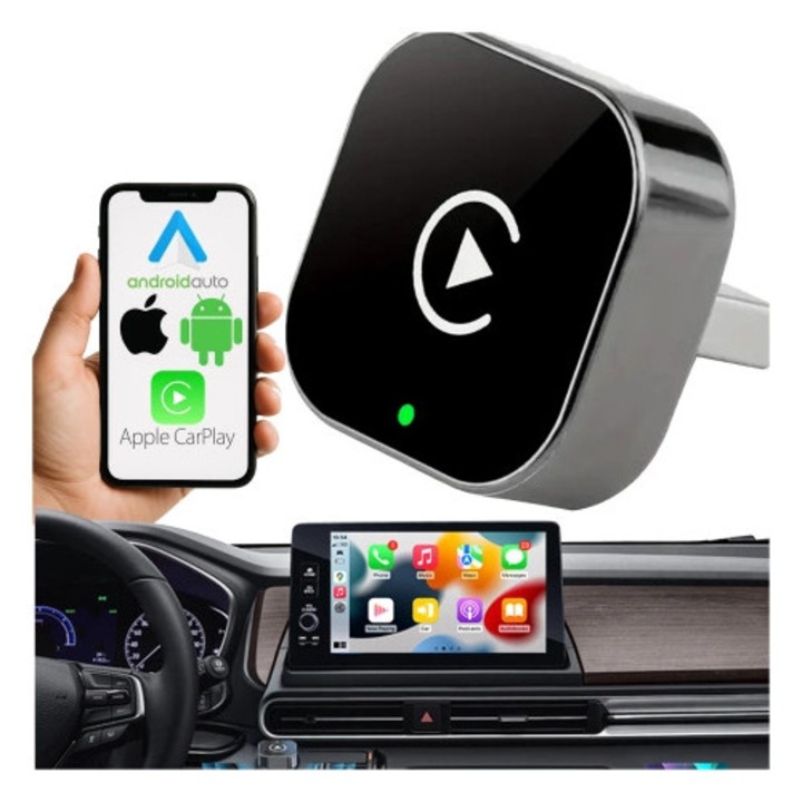Adapter wireless CarPlay Android Auto, Alogy AutoConnect, USB-A + adaptor USB-C, conexiune rapida, dimensiuni 2,8x2,8x1,4cm