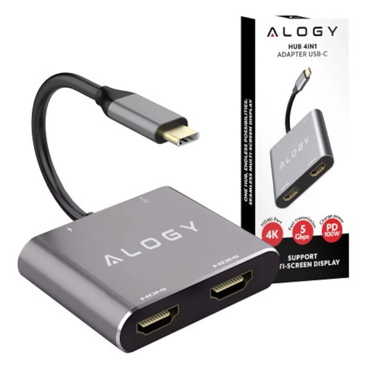 Хъб 4в1 Alogy MultiHub USB-C, 2x HDMI 4K, USB 3.0, PD 100W, алуминий, 5,8x5,4см