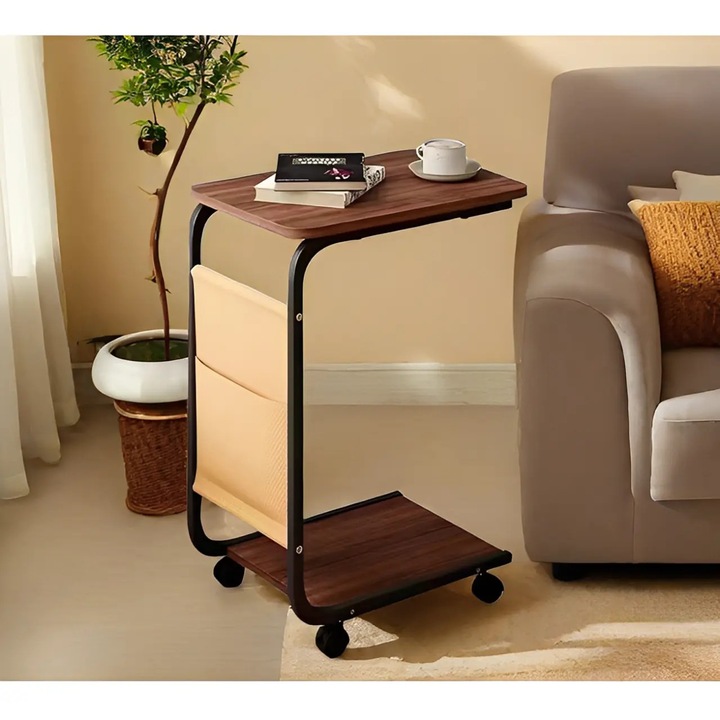 Мобилна масичка за кафе, 2 плота от MDF, джоб за съхранение, Кафяв/Черен, 40 x 30 x 62 см