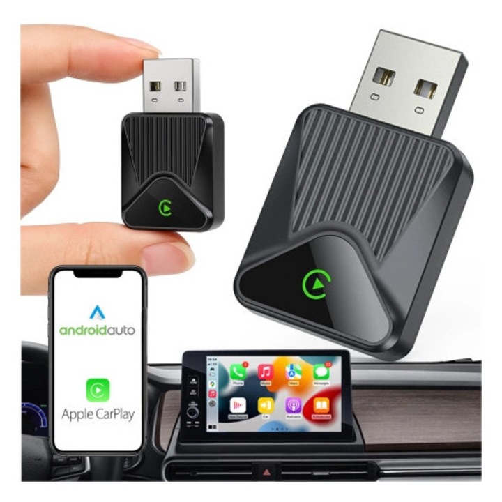 Adapter wireless CarPlay Android Auto, Alogy DriveLink, USB-A + adaptor USB-C, conectare rapida, dimensiuni 4x2.4cm, culoare neagra