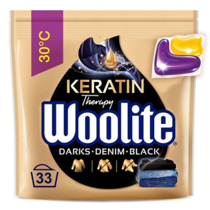 Detergent rufe Woolite Keratin Therapy capsule pentru rufe negre, 33 bucati, protectie culoare, ingrijire tesaturi
