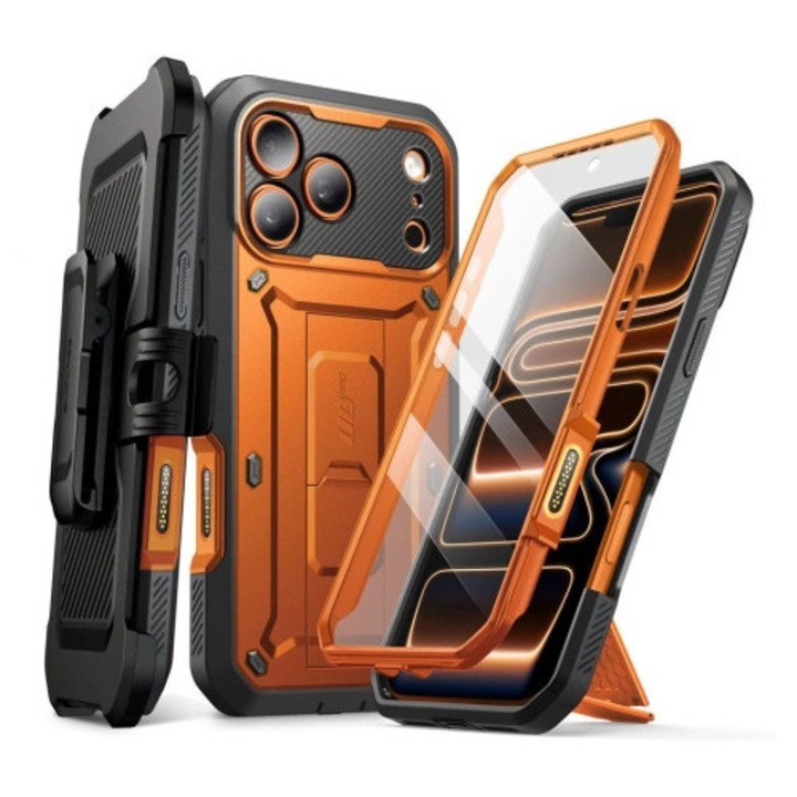 Husa telefon Supcase Unicorn Beetle Pro, Coral, TPU + Poliwelgan, 3 in 1, cu clip rotativ, pentru iPhone 17 Pro Max, protectie 360