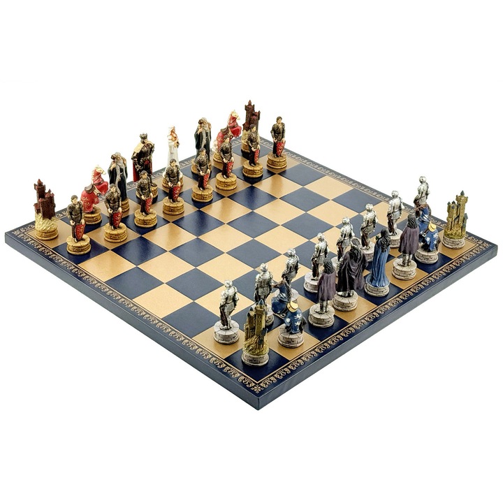 Set de sah colectibil King Arthur, figurine polystone, tabla din piele ecologica, 40x40cm