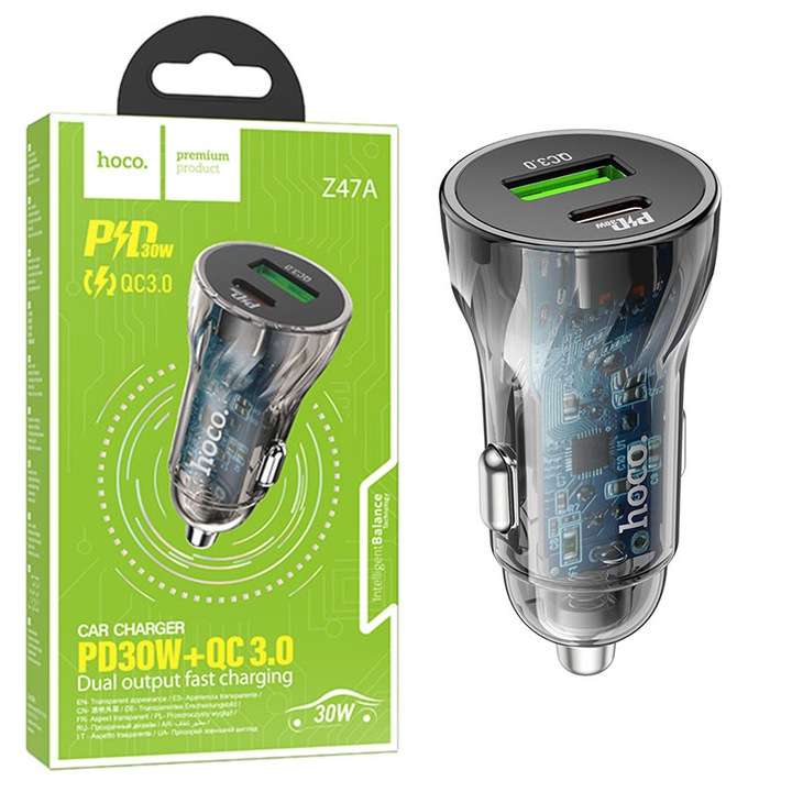 Incarcator Auto Hoco (Z47A), 30W, 1xUSB-C, 1xUSB-A, PD, QC 3.0, Black