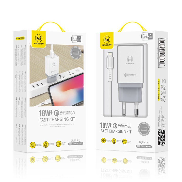 Set incarcator retea + cablu Lightning, Maxcell, USB, pentru iPhone