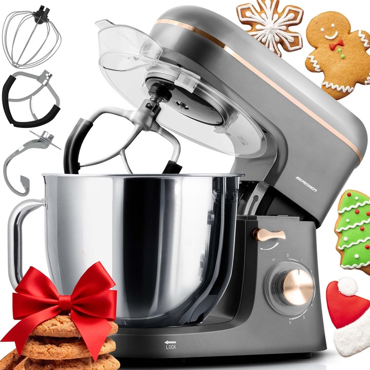 Robot de bucatarie, Berdsen 1400W, 6L, cu 6 viteze, negru, set accesorii