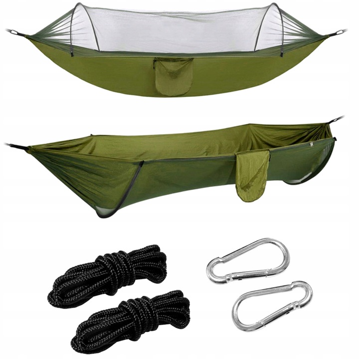 Hamak turistic Carruzzo cu moskitiera, verde, 260x140x85cm, set premium