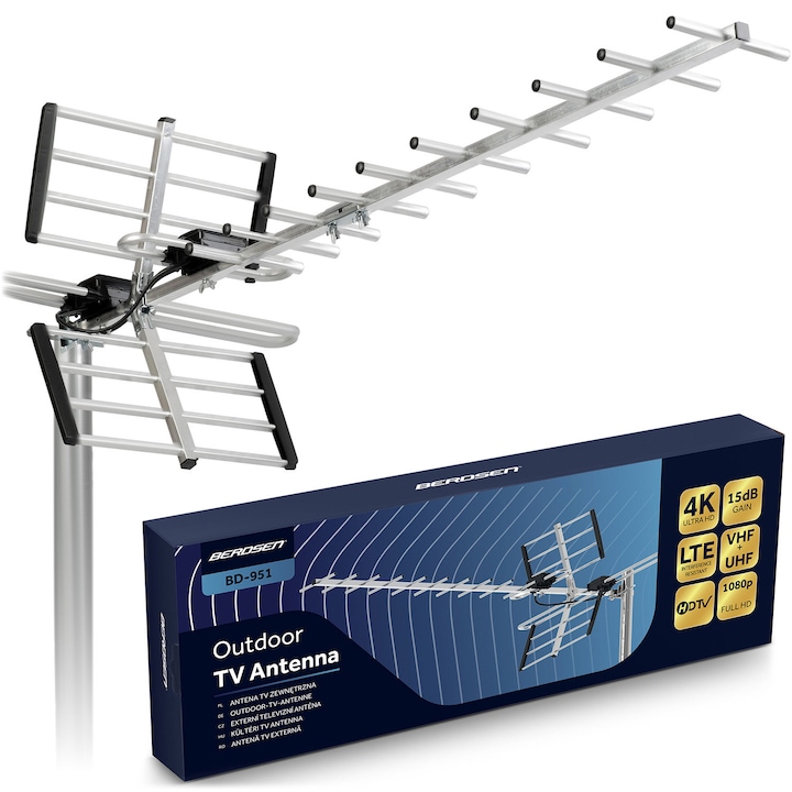 Antena TV exterioara pasiva, 80 km, 4K, filtr LTE, pentru DVB-T si DVB-T2