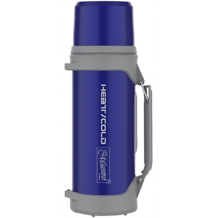 Termos Maestro MR-1631-120, sticla izoterma, otel inoxidabil 304, capac-cupa 350 ml, deschidere prin buton, maner pliant, curea reglabila 110 cm, albastru, 1,2 l