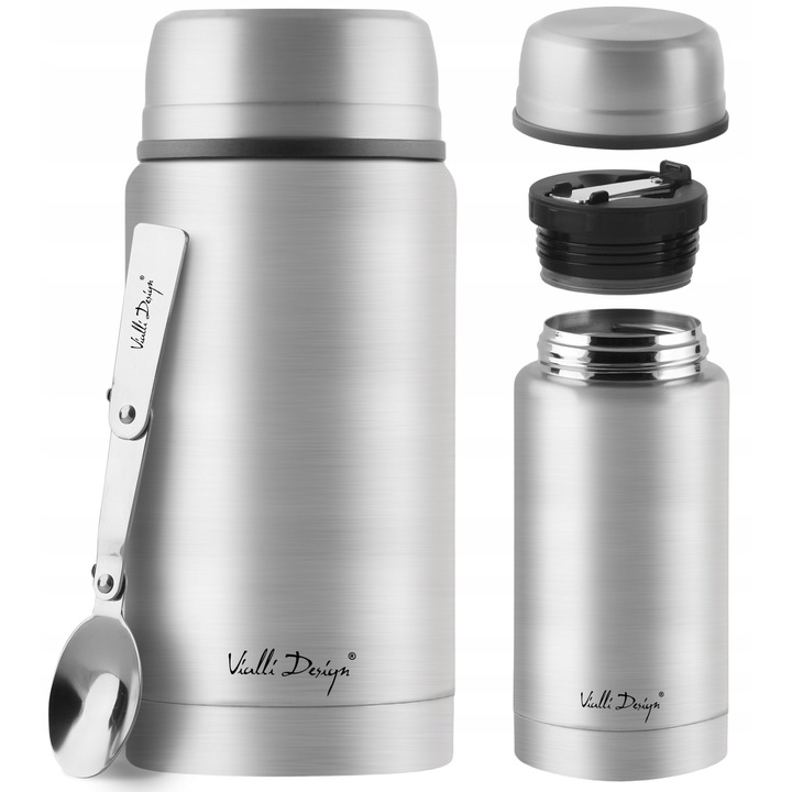Termos pentru mancare Vialli Design Fuori, izolare vidata din otel inoxidabil 18/8, cu lingura pliabila in dop, etans, argintiu mat, 750 ml