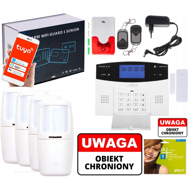 Alarm wireless LCD GSM Linbox, 4 senzori PIR, sirena, aplicatie mobila, comunicare in limba romana