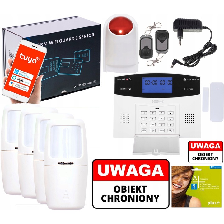 Alarm wireless LCD GSM Linbox, 4 senzori PIR, sirena, aplicatie Android/iOS, comunicare in limba romana