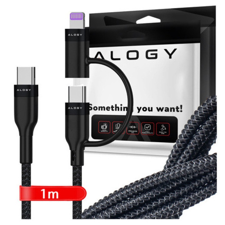 Cablu de date, Alogy, 2in1, USB-C/Lightning, 1m, Negru