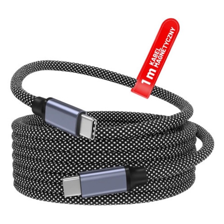 Cablu USB-C Alogy MagiCharge 65W, 1m, incarcare rapida, constructie magnetica, negru