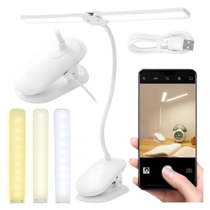 Lampa birou LED Alogy SmartClip Light, 3 temperaturi de culoare, acumulator 4000 mAh, clip de prindere, alb, 36cm