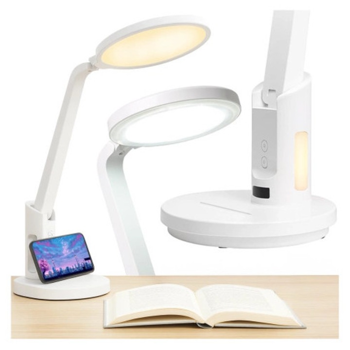 Lampa birou LED Alogy MultiStand, 6000 mAh, 3 culori, cu suport pentru telefon, alb