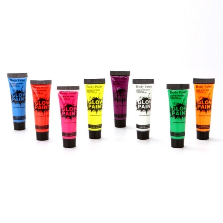 Комплект от 8 флуоресцентни UV бои за тяло, AjieQaQ, формула на водна основа, 10 мл, многоцветни