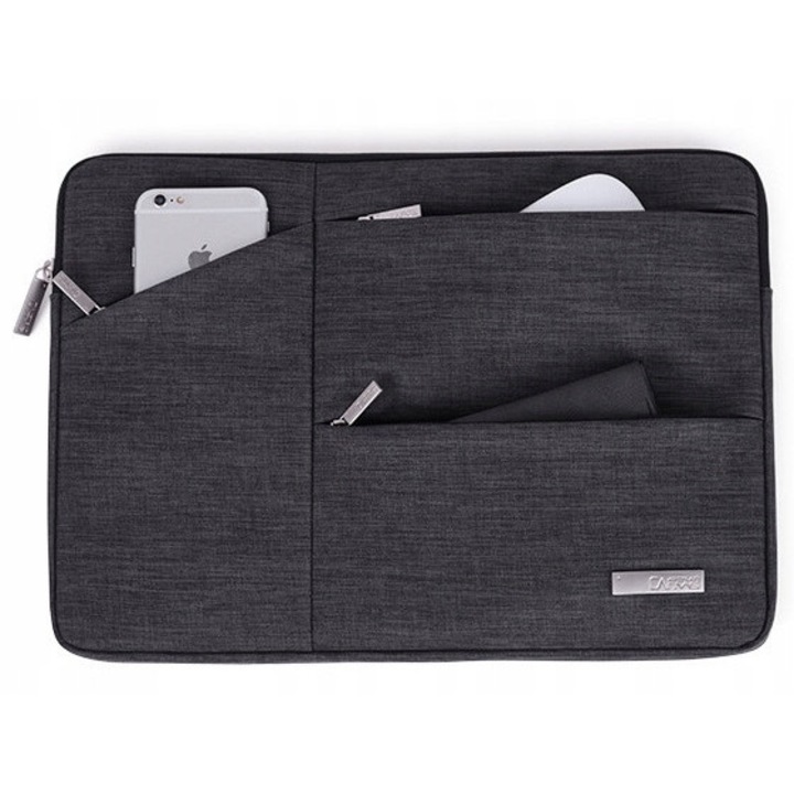 Husa Laptop 14.1" Canvas, Nylon Impermeabil, 3 Buzunare, Gri